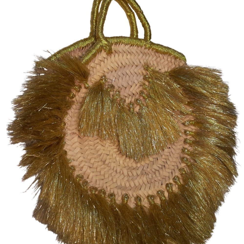 𝅺LARGE Gold Handmade Moroccan Strawbag Tote Bag Round Basket bag Handbag NWOT
